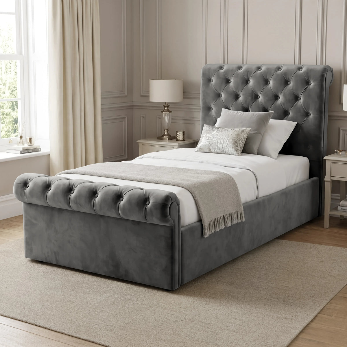 Chesterfield Ottoman Storage Bed Frame Side Lift Single Dark Grey