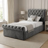 [Single | Dark Grey] Chesterfield Single Ottoman Storage Bed Dark Grey Velvet styled in an elegant bedroom setting.