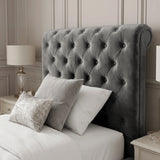 [Single | Dark Grey] Close-up view of the deep button-tufted high headboard on the Chesterfield Single Ottoman Storage Bed.