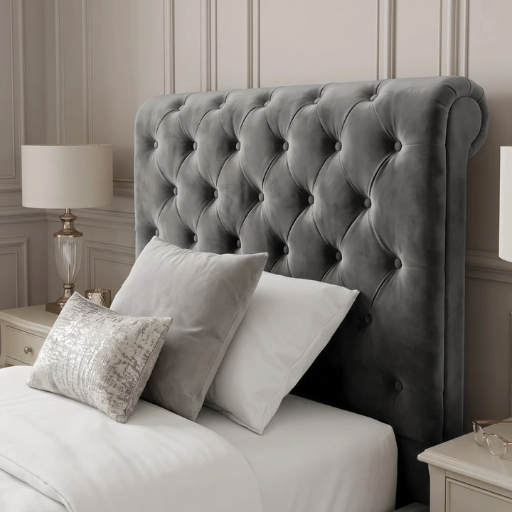 [Single | Dark Grey] Close-up view of the deep button-tufted high headboard on the Chesterfield Single Ottoman Storage Bed.