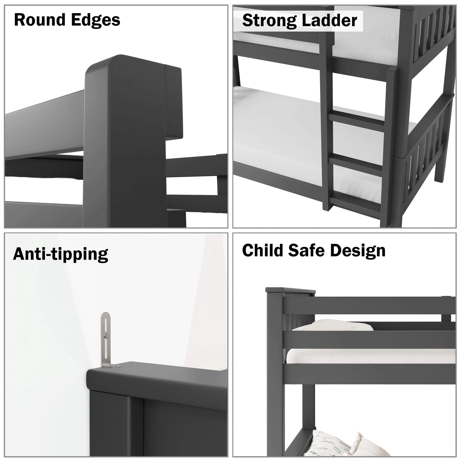 [Dark Grey] bunk bed safety: round edges strong ladder anti-tipping child safe rail