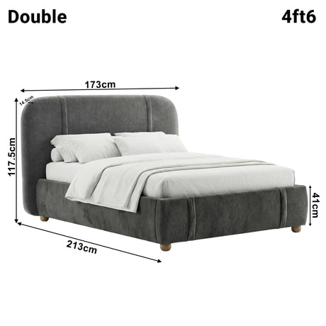 Dimensions diagram of a dark grey double bed with labelled measurements: height 117.5cm, width 173 cm, and length 213 cm