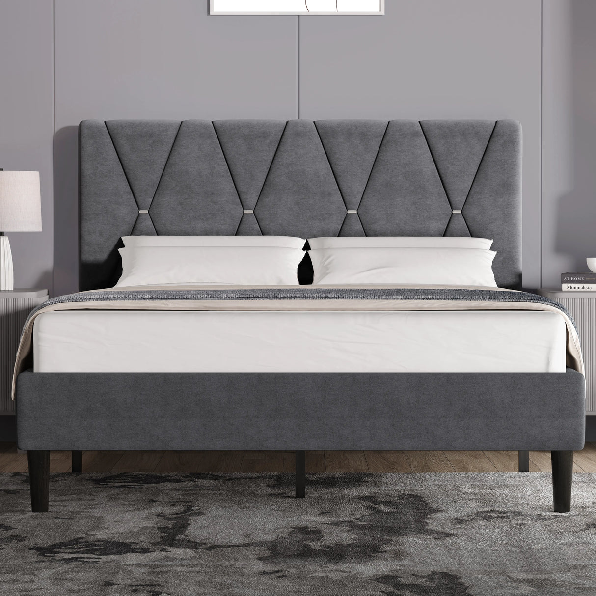 Velvet upholstered bed frame in grey with adjustable headboard, shown in double size. Modern design ideal for stylish bedroom furniture upgrades.