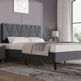 Velvet upholstered bed frame double size in grey with adjustable padded headboard and wooden legs, ideal for modern bedrooms and UK furniture sales.