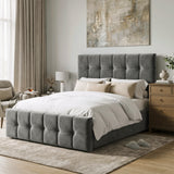 [Double | Dark Grey] Double Ottoman Storage Bed Dark Grey Velvet Square Tufted styled in a modern bedroom environment.