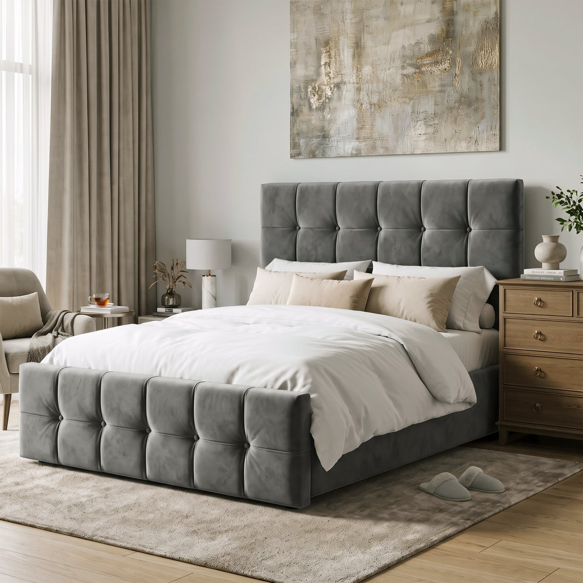 [Double | Dark Grey] Double Ottoman Storage Bed Dark Grey Velvet Square Tufted styled in a modern bedroom environment.