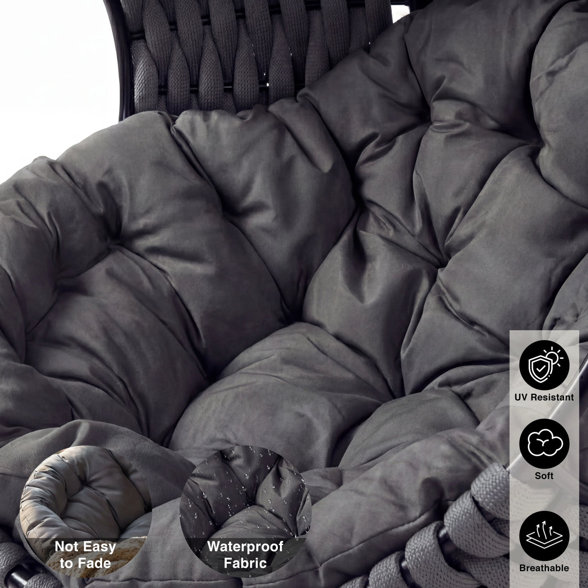 [Dark Grey] Close-up of Round Garden Hanging Egg Chair cushion with waterproof, UV-resistant, and breathable fabric for long-lasting outdoor comfort
