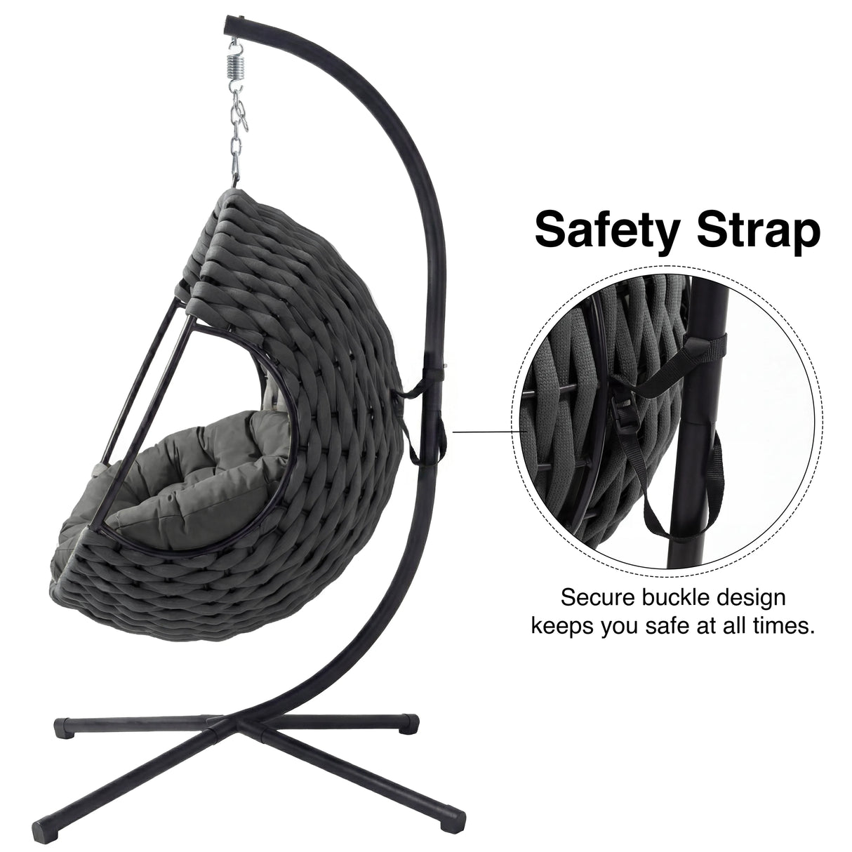 [Dark Grey] Gray woven swing chair with safety strap and stand on a white background