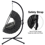 [Dark Grey] Gray woven swing chair with safety strap and stand on a white background