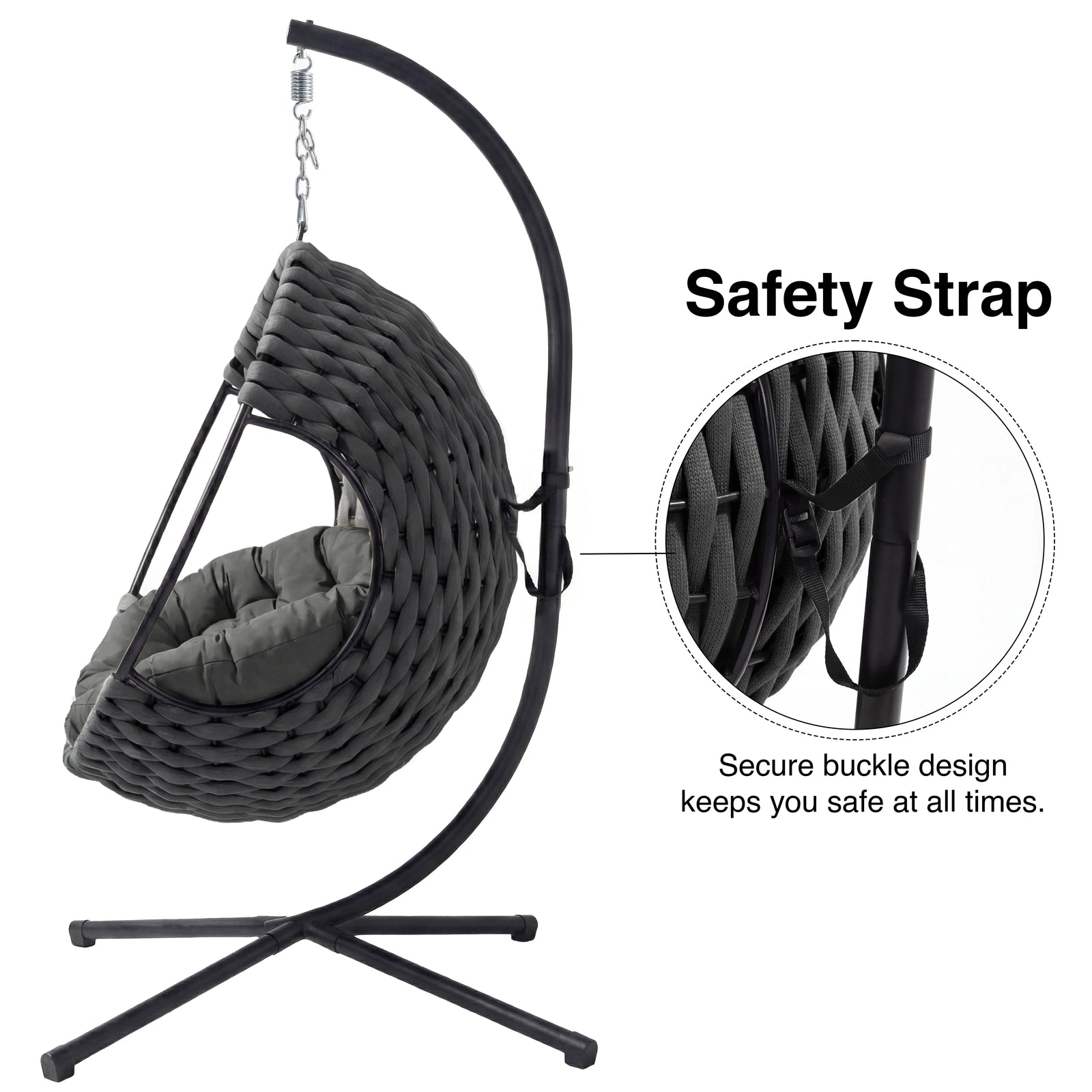 [Dark Grey] Hanging egg chair in dark grey rope with safety buckle strap callout showing secure buckle design