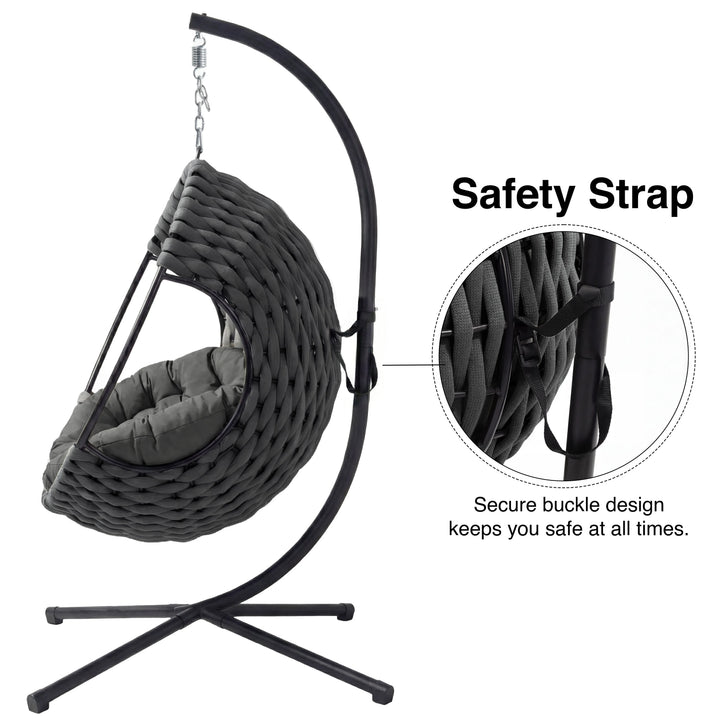 [Dark Grey] Hanging egg chair in dark grey rope with safety buckle strap callout showing secure buckle design