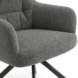 [Dark Grey | Set of 4] Dining chair close-up of boucle seat, curved arm and stitched padded back, with black legs partly visible.