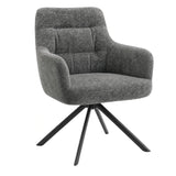 [Dark Grey | Set of 2] Angled view of swivel dining chair with rounded arms, stitched back, wide tub seat and black metal base.