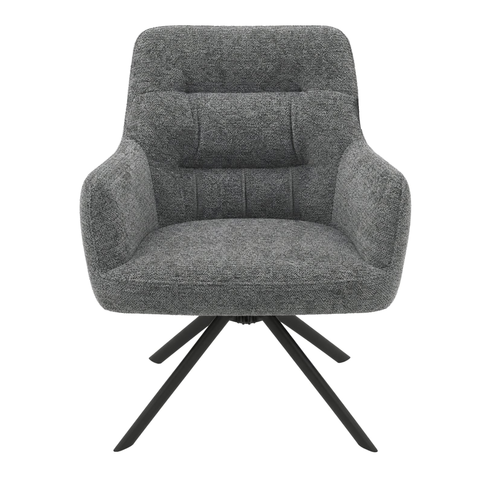 [Dark Grey | Set of 2] Front view of the swivel dining chair with rounded arms, stitched padded back, wide seat & black metal legs
