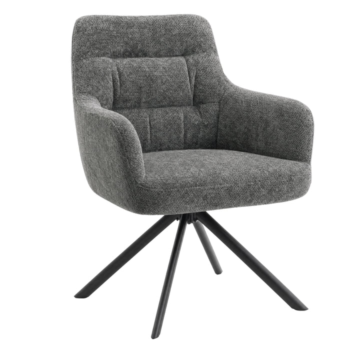 [Dark Grey | Set of 4] Angled view of the Elite swivel dining chair with rounded arms, stitched back, wide tub seat and black base