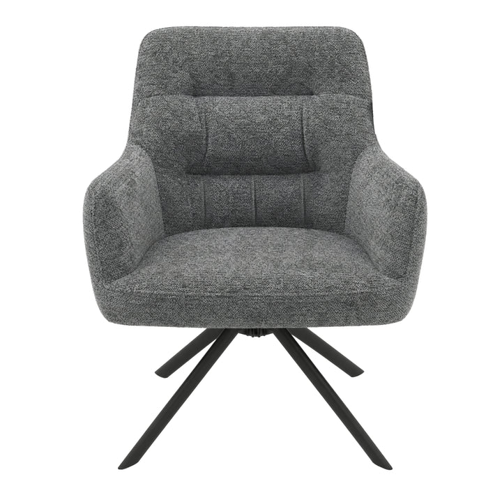 [Dark Grey | Set of 4] Front view of the swivel dining chair with rounded arms, stitched padded back, wide tub seat and black legs