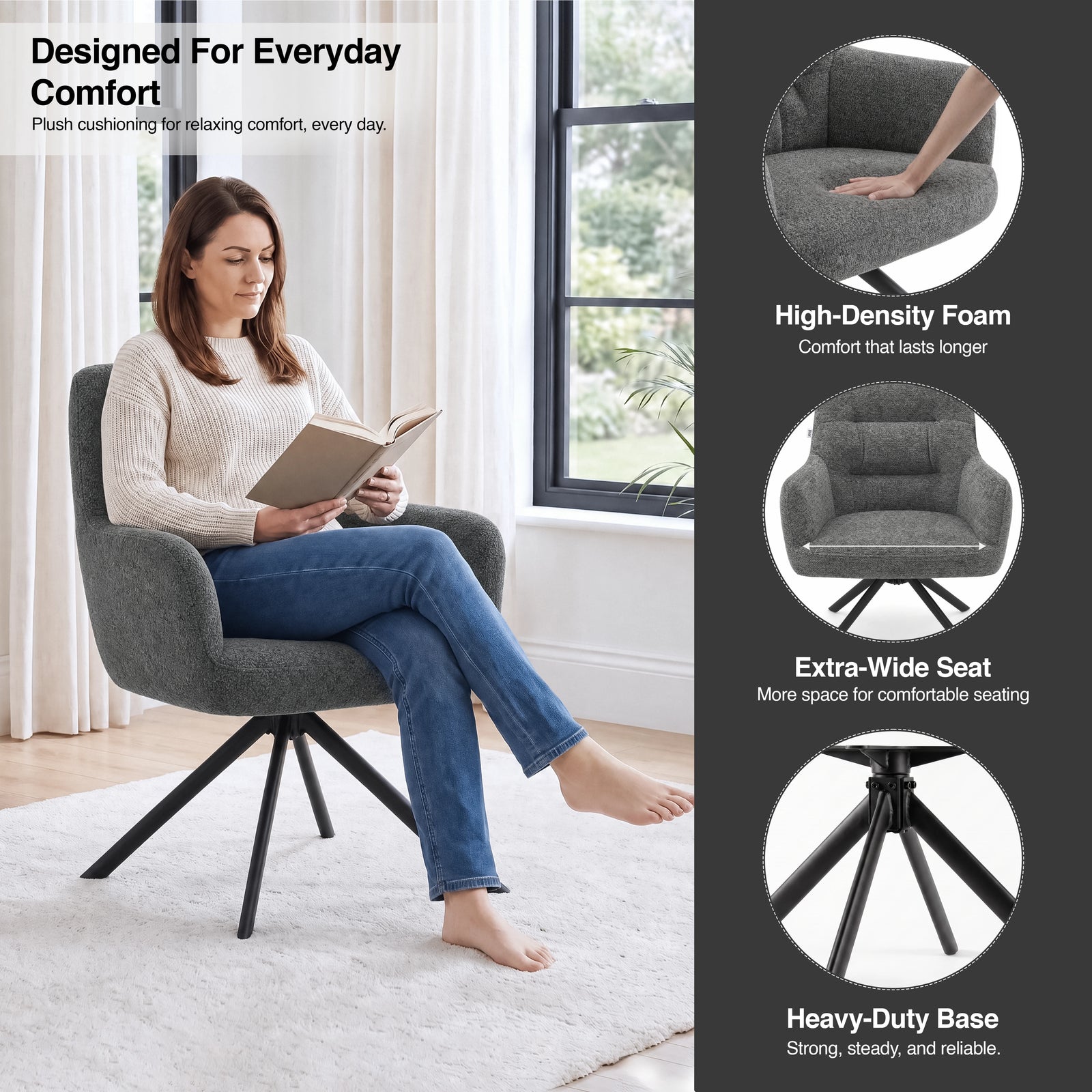 [Dark Grey | Set of 2] Woman reading in a swivel chair, showing high-density foam, extra-wide seat and a heavy-duty metal base.