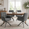 [Dark Grey | Set of 4] Four boucle swivel dining room chairs around a pale wood table with a bowl and jug in a bright dining room.