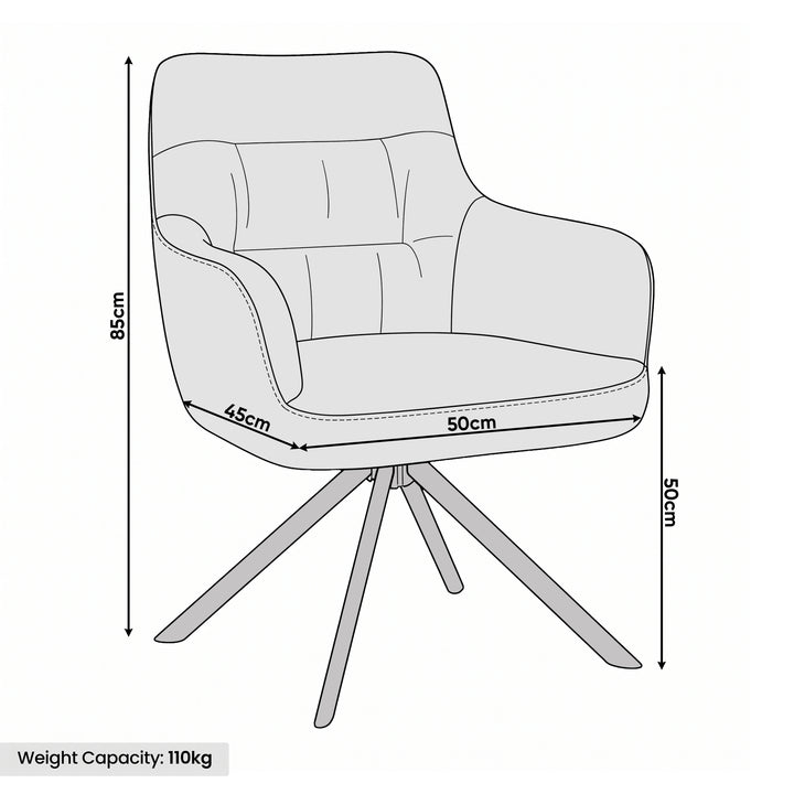 [Dark Grey | Set of 4] Swivel dining chair size guide showing 85cm high, 50cm wide, 45cm deep, 50cm seat height and 110kg capacity