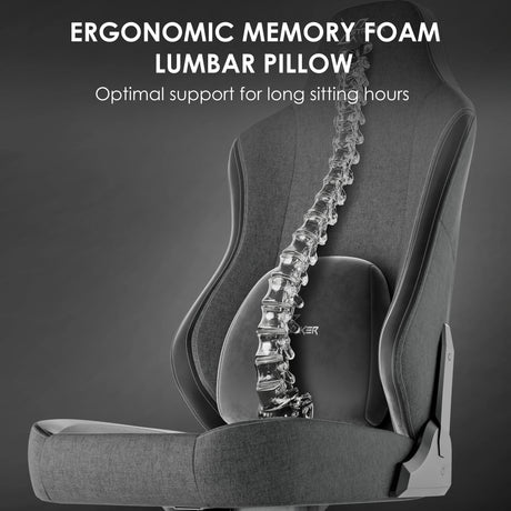 Xstriker Ergonomic Fabric Gaming Chair with 4D armrest and memory foam lumbar pillow for adult back support. Ideal for long sitting hours in gaming or office setups.