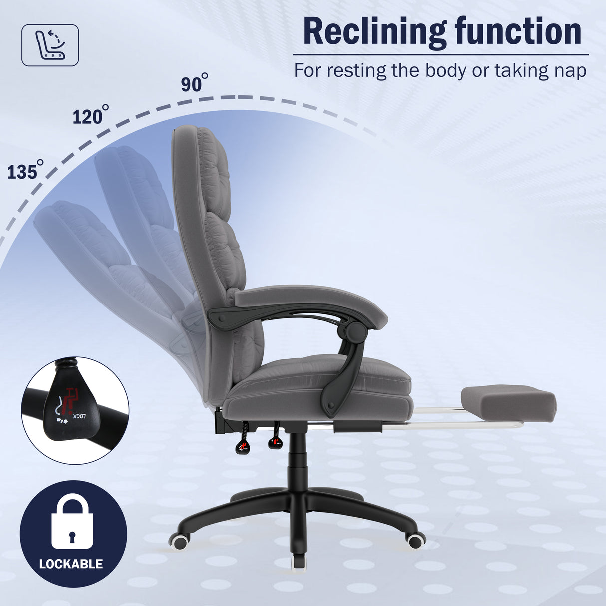 Side view of the reclining chair leaning from 90° to 135°, with inset showing the tilt knob and extended footrest feature.