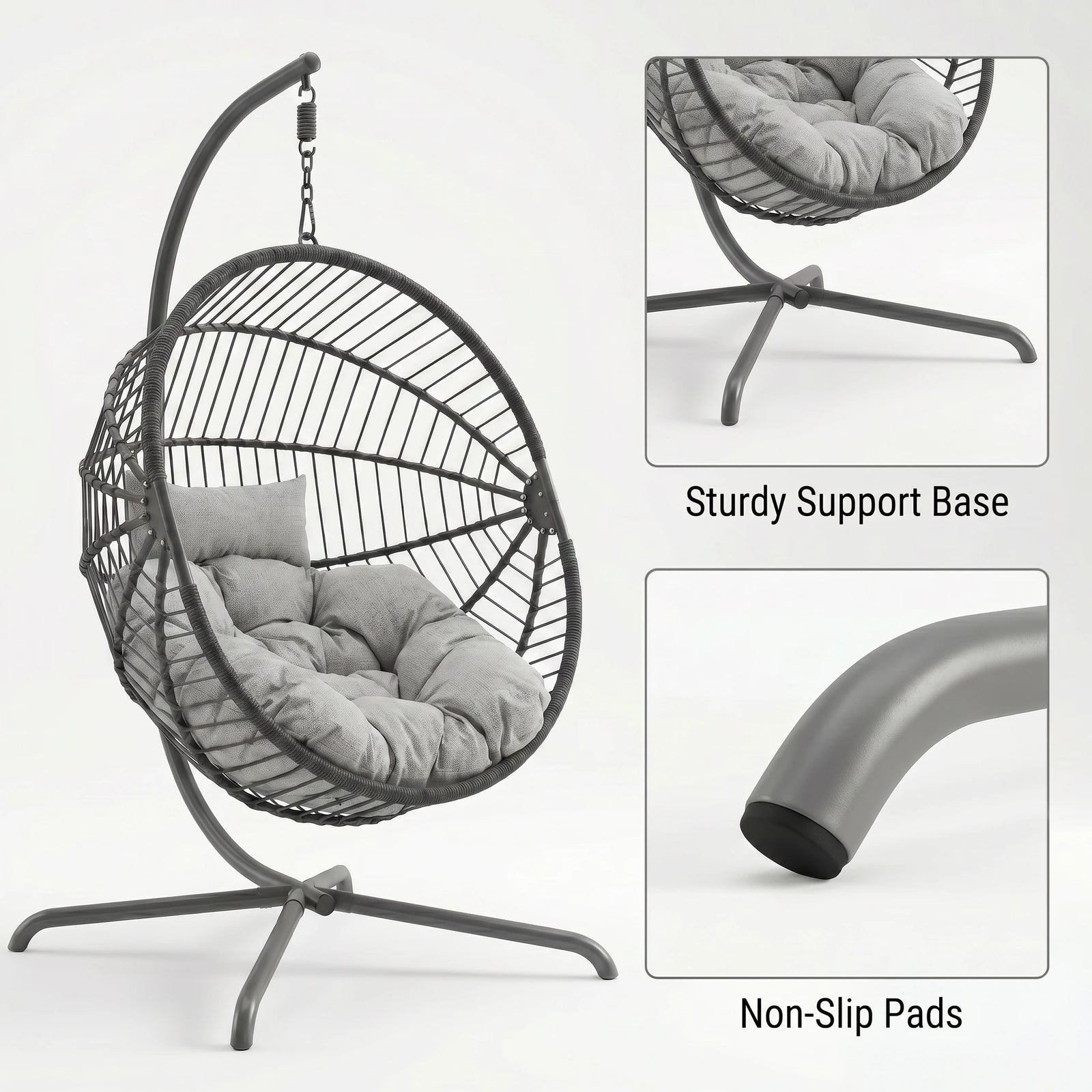 [Dark Grey] Hanging chair with gray cushion, sturdy support base, and non-slip pads on a white background
