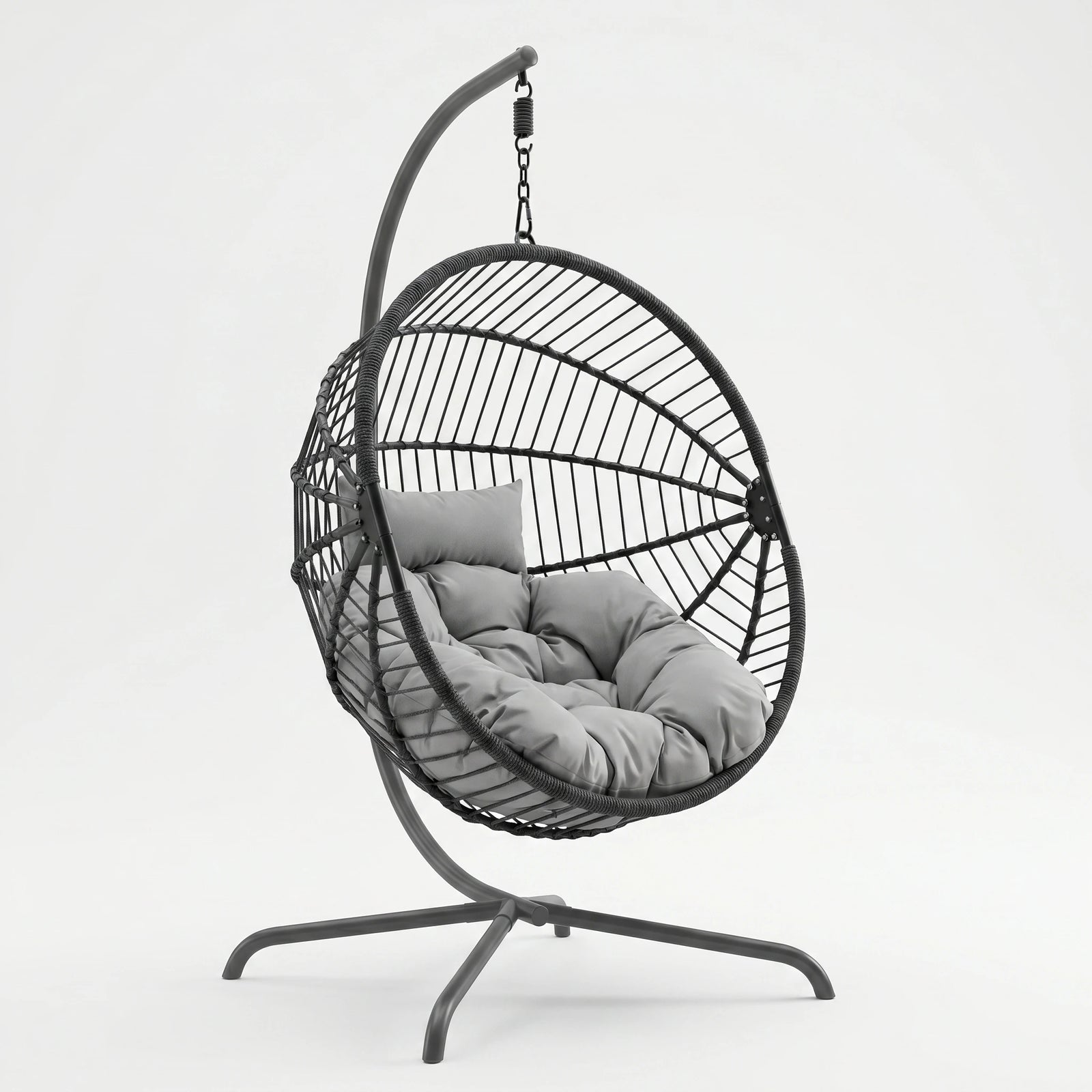 [Dark Grey] Hanging chair with gray cushion on a white background