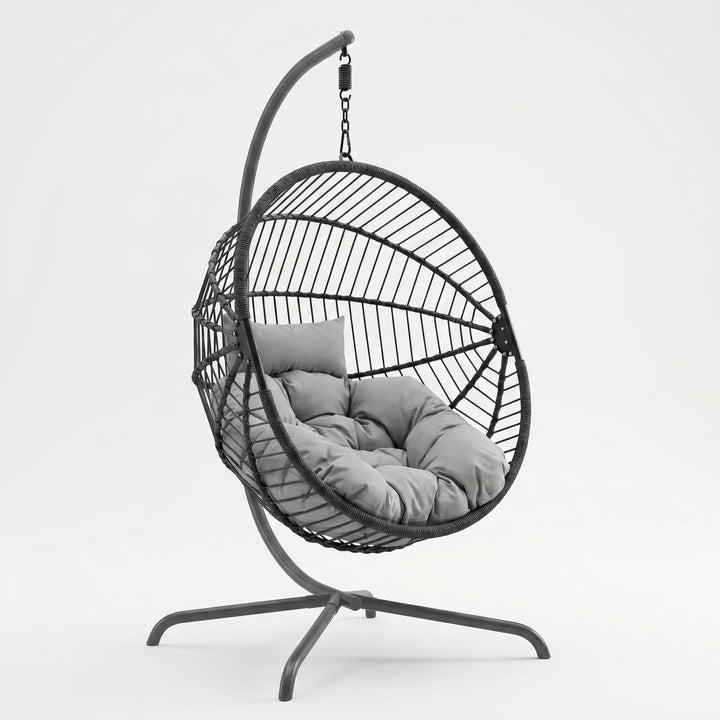 [Dark Grey] Hanging chair with gray cushion on a white background