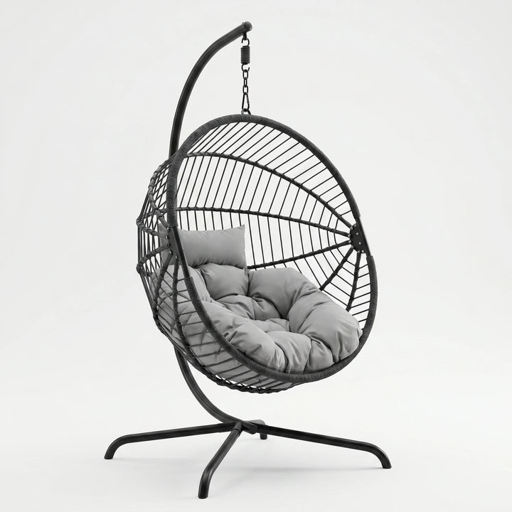 [Dark Grey] Hanging chair with gray cushion on a white background