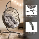 Dark grey hanging egg chair with cushion, non-slip pads, and a sturdy support base for stability.