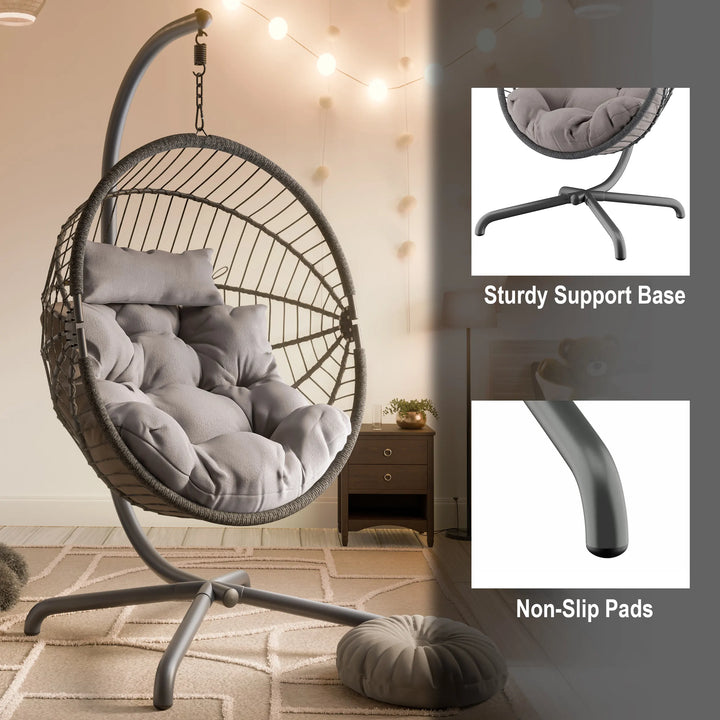 [Dark Grey] Dark grey hanging egg chair with cushion, non-slip pads, and a sturdy support base for stability.