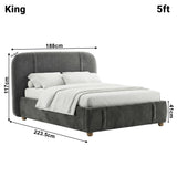 Dimensions diagram of a dark grey king bed with labelled measurements: height 117 cm, width 188 cm, and length 223.5 cm