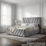 Side view of the dark grey king bed frame, focusing on the padded headboard and smooth upholstery