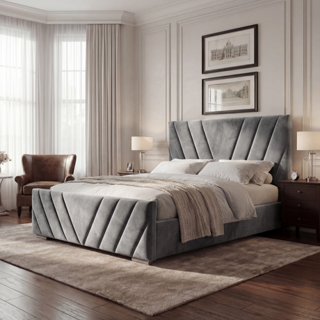 Angled view of the dark grey king ottoman bed headboard, emphasizing its contemporary design and plush upholstery