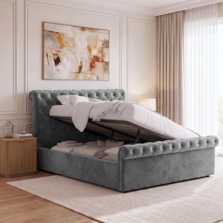 [King | Dark Grey] Front view of the Chesterfield King Ottoman Storage Bed Frame Dark Grey Velvet showing the button-tufted footboard.