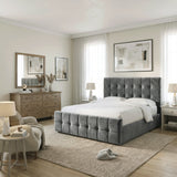 [King | Dark Grey] King Ottoman Storage Bed Frame Dark Grey Velvet Square Tufted styled in a spacious, modern bedroom setting.