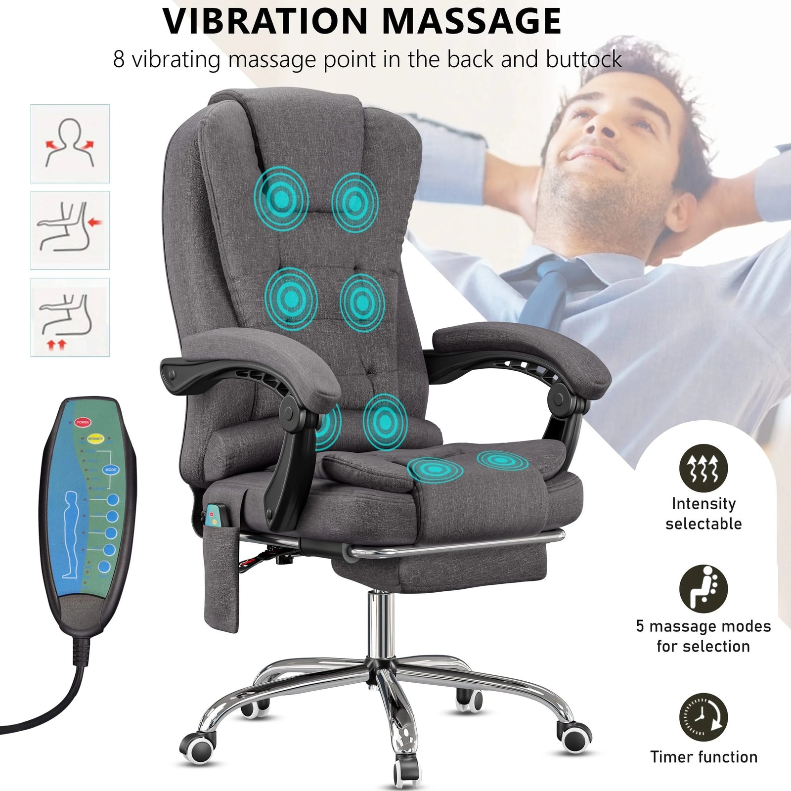 [Dark Grey Linen] featuring massage graphics and remote close-up, this dark grey office chair combines ergonomic design with relaxation