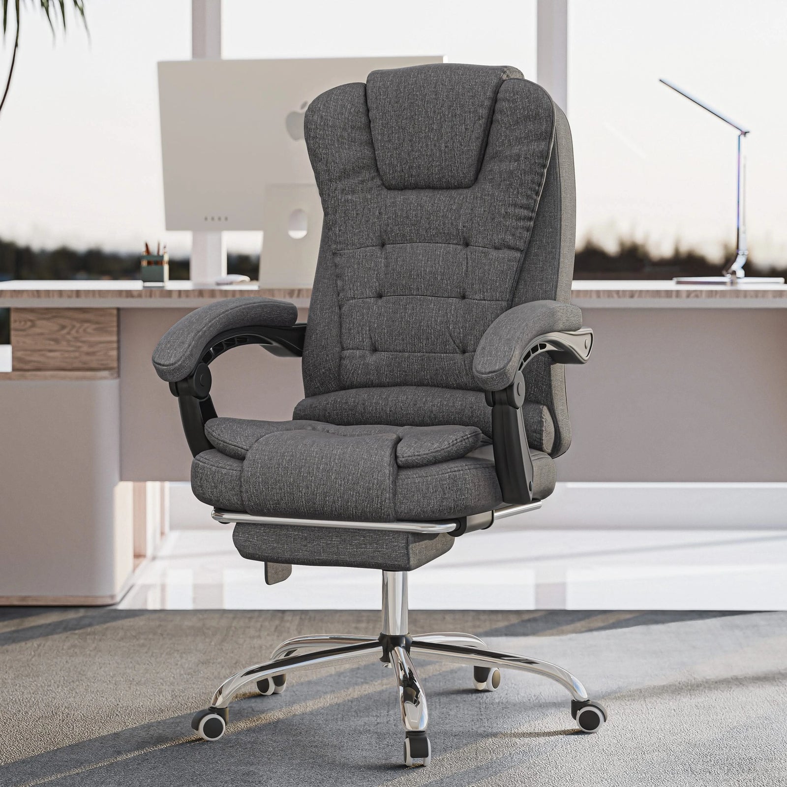 [Dark Grey Linen] dark grey linen office chair placed in a clean office setting blends soft texture with a structured, ergonomic design