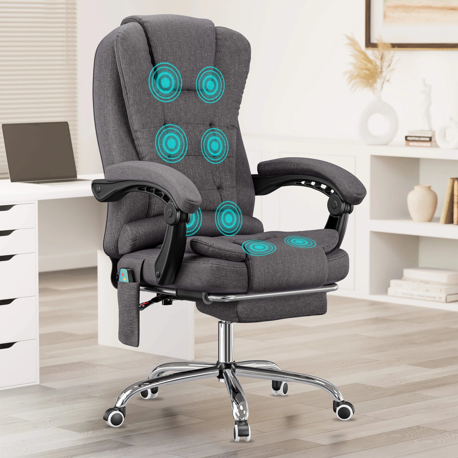 [Dark Grey Linen] dark grey linen massage office desk chair with visible remote pocket, plush seat and relaxed back angle in use