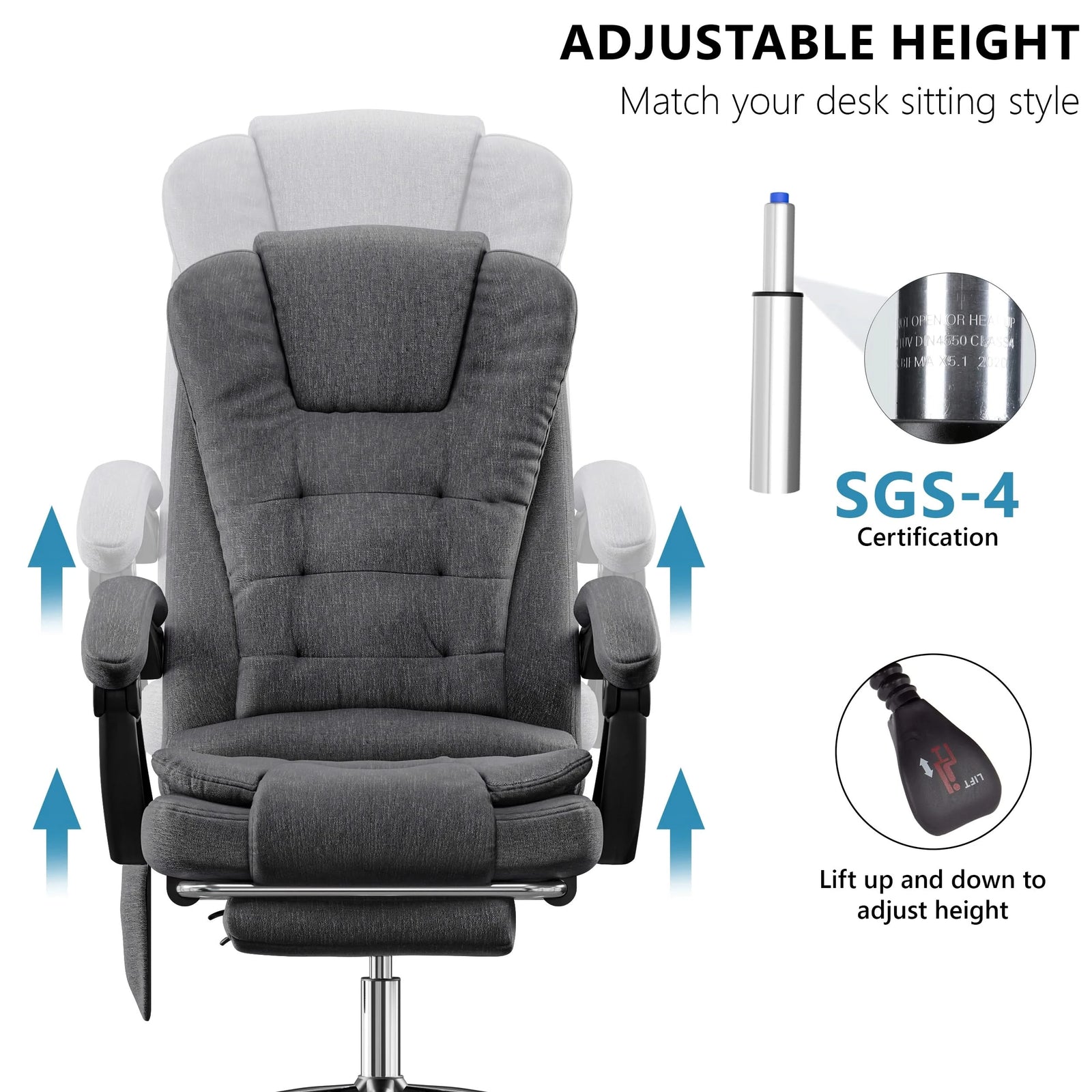 [Dark Grey Linen] this dark grey linen vibrating desk chair features height adjustment graphics with piston and knob shown in close-up