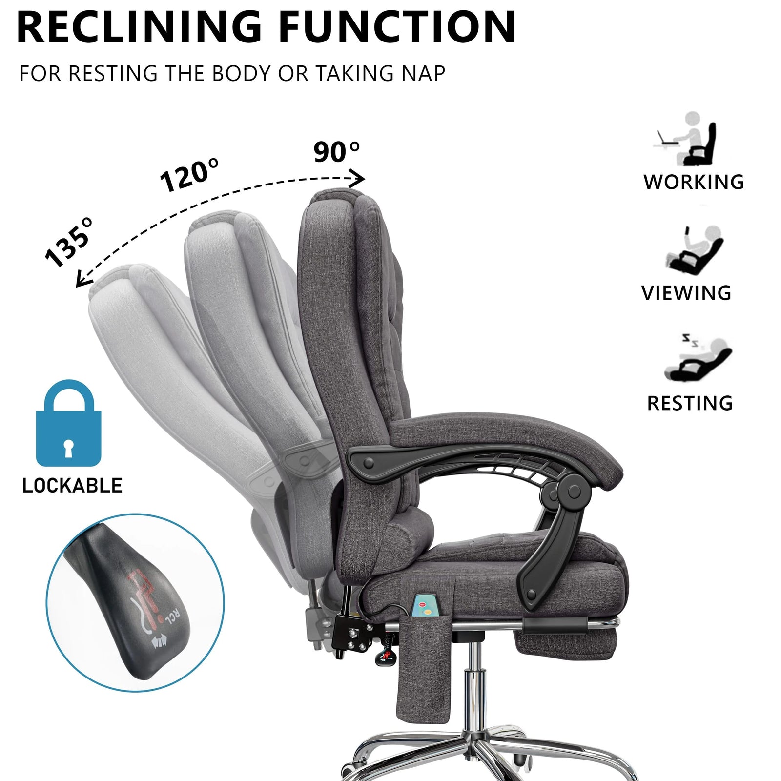 [Dark Grey Linen] the dark grey desk chair shown in reclined position highlights its back tilt range and control knob