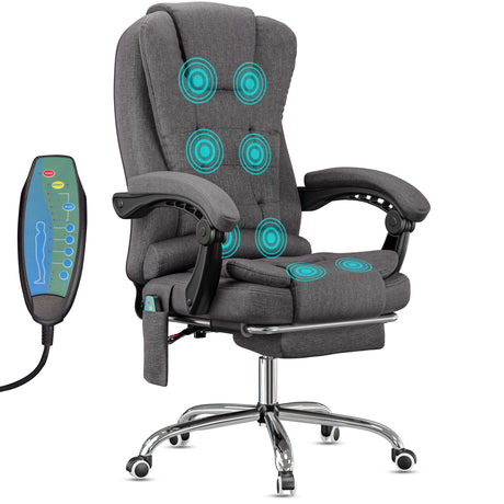 made with dark grey linen, this 8 point massage office chair provides targeted vibration and executive-level comfort