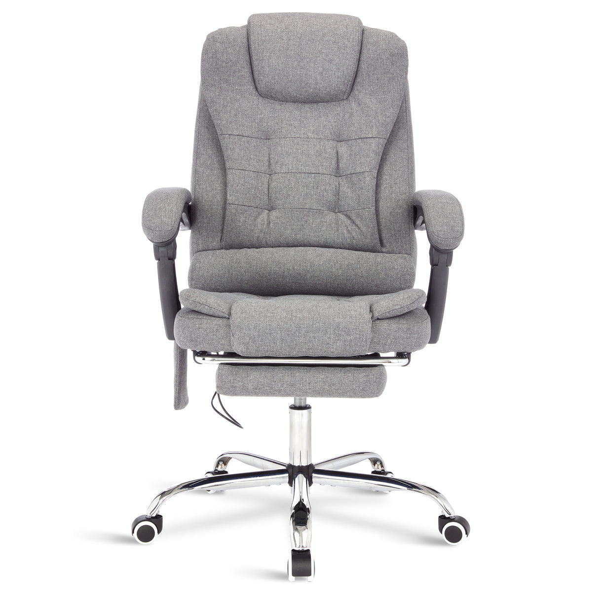 Dark grey linen desk chair with 8-point massage function for comfort and support.