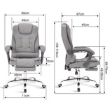 Measurements of dark grey linen comfortable desk chair: 49cm seat width, 67 cm seat depth and adjustable height 108 to 118cm.