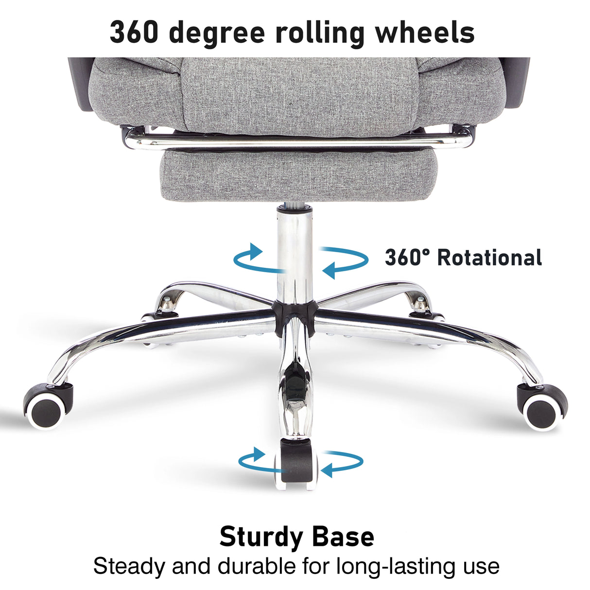 Swivel action demonstrated in dark grey linen swivel office desk chair with free rotating wheels