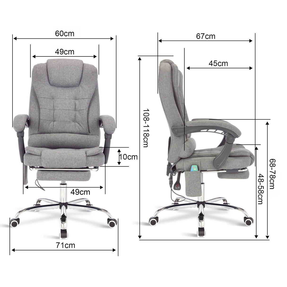 Dark grey linen office massage chair with dimensions for ergonomic comfort and support.