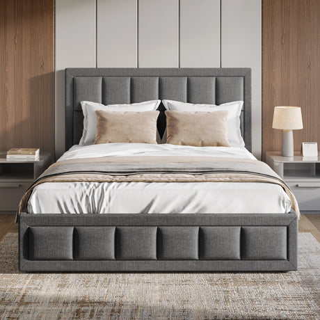 Gray upholstered bed with white bedding in a bedroom setting