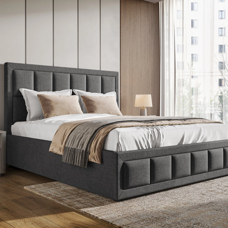 Gray upholstered bed with white bedding and beige pillows in a modern bedroom.