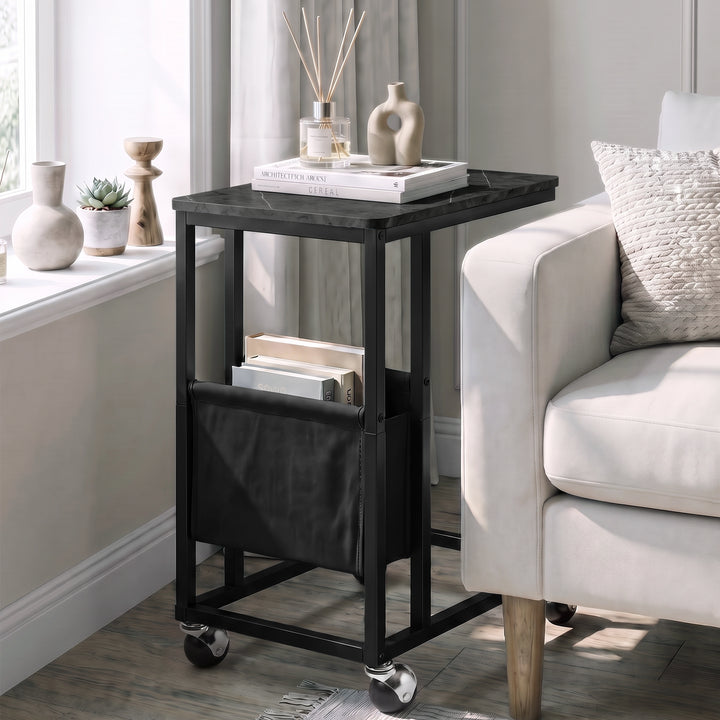 [Grey Marble] compact side table beside sofa with grey marble-effect top, slim frame, pouch and caster wheels