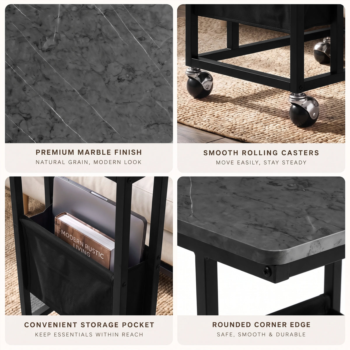 [Grey Marble] feature graphic: tabletop texture, smooth rolling casters, storage pocket and rounded corner edge